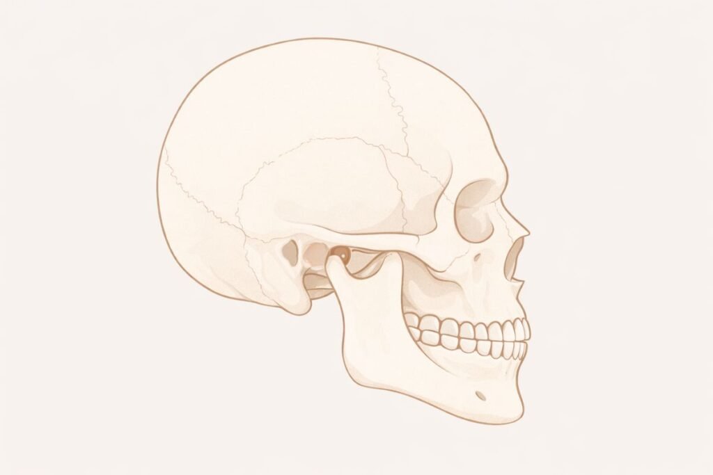 Side view illustration of the temporomandibular joint (TMJ) at the jaw hinge.