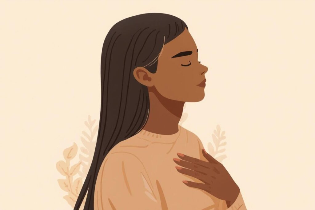 Illustration of a woman with her hand resting on her chest, eyes closed, representing breathing and jaw tension awareness.