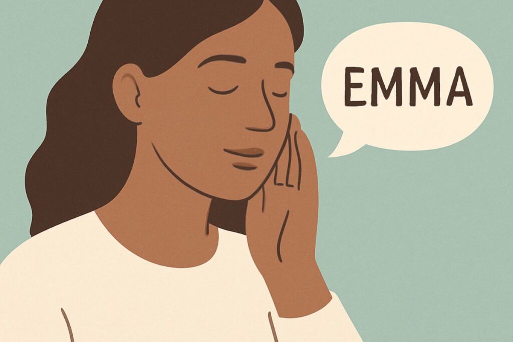 Illustration of a woman gently holding her jaw and saying Emma, representing a simple exercise to release jaw clenching