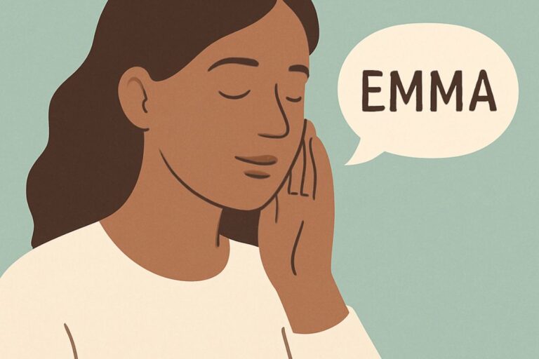 Illustration of a woman gently holding her jaw and saying Emma, representing a simple exercise to release jaw clenching