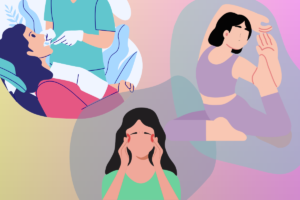 Illustration showing three causes of jaw tension — dental treatment, stress and pain, and hypermobility