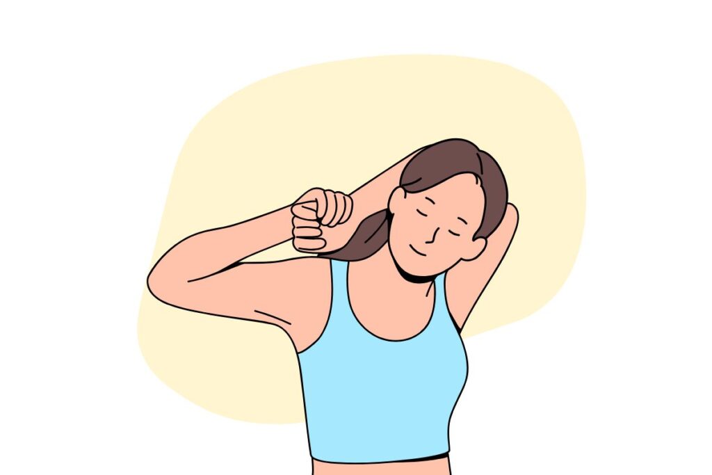 Illustration of a person gently stretching the jaw and neck area, representing the fascia and jaw connection.