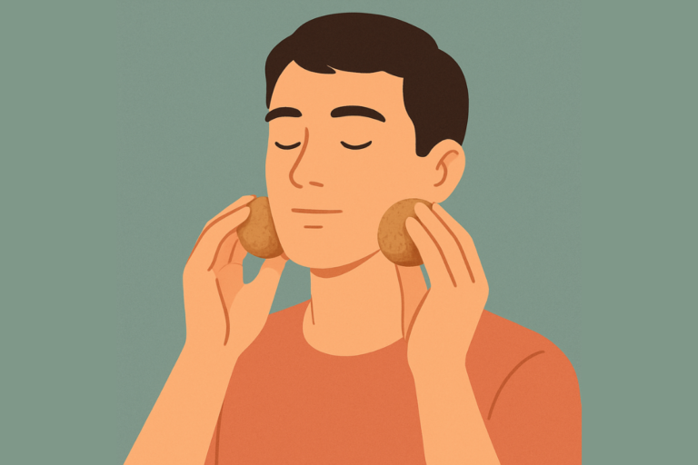 Illustration of a man gently holding massage balls against his jaw, representing a calm approach to jaw self-care