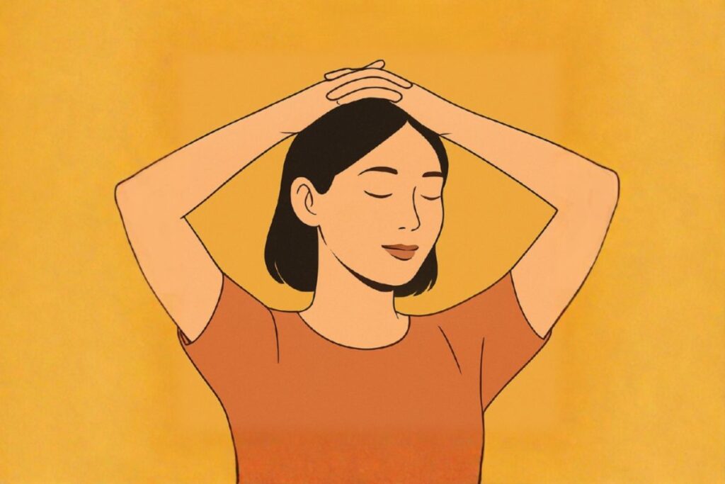 Illustration of a woman with hands resting on her head, gently releasing neck tension and jaw pain