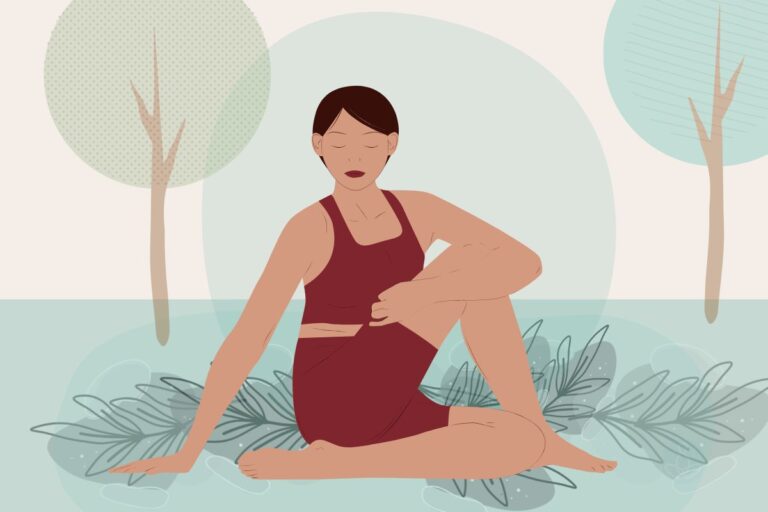 Illustration of a woman in a hip stretch position representing the jaw and hip connection