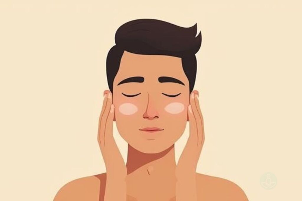 Person gently doing tmj self massage around jaw area with both hands to relieve TMJ tension.