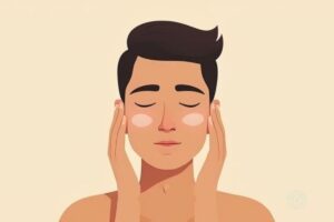 Person gently doing tmj self massage around jaw area with both hands to relieve TMJ tension.