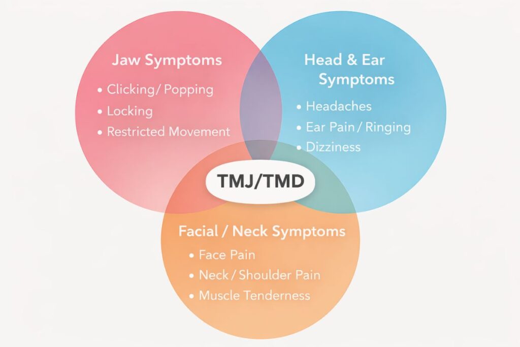 Venn diagram showing overlapping TMJ and TMD symptoms including jaw symptoms, head and ear symptoms, and facial or neck symptoms.