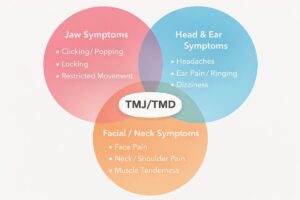 Venn diagram showing overlapping TMJ and TMD symptoms including jaw symptoms, head and ear symptoms, and facial or neck symptoms.