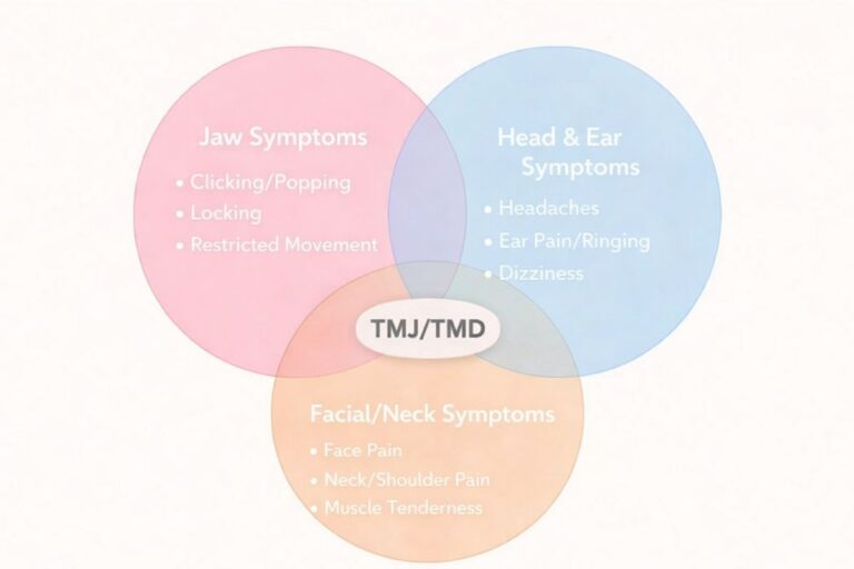 Venn diagram showing overlapping TMJ and TMD symptoms including jaw symptoms, head and ear symptoms, and facial or neck symptoms.