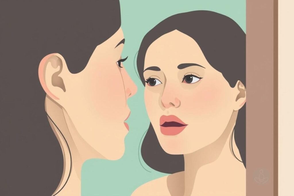 Illustration of a woman looking into a mirror at her tongue position within her mouth to show how tongue position relates to jaw tension and TMD.