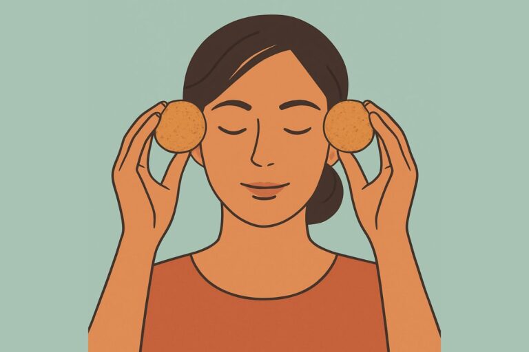 Illustration of a woman holding cork massage balls against her temporal area to stimulate the vagus nerve and calm jaw tension
