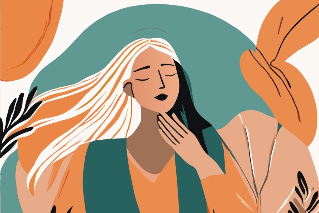 Illustration of a woman gently touching her jaw and neck, representing awareness of jaw tension and the wider body influences behind TMJ symptoms.
